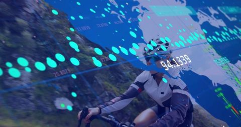 Cyclist Climbing Mountain Road with Data and Graph Overlay