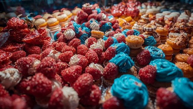 Colorful mini pastry assortment with red berry toppers and blue buttercream swirls