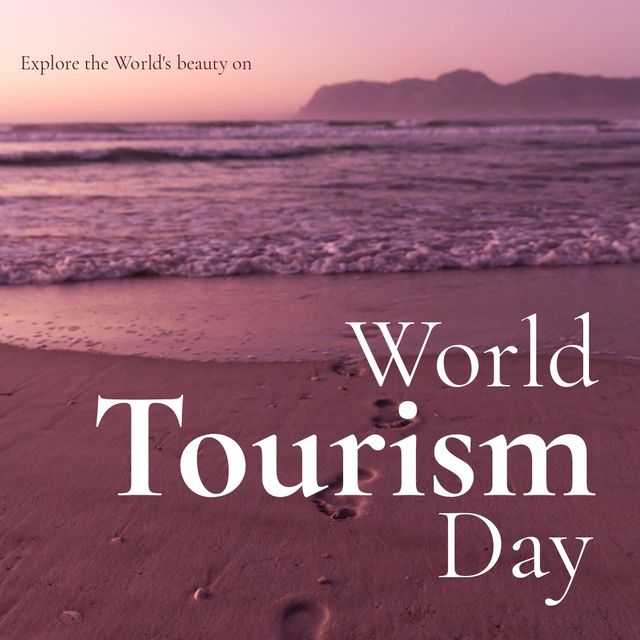 Scenic view of seascape during sunset and explore the world's beauty on world tourism day text. Digital composite, nature, beach, travel, awareness, celebration and social impact concept.