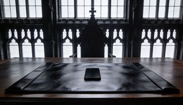Smartphone catching light on leather desk pad in gothic hall with carved chair
