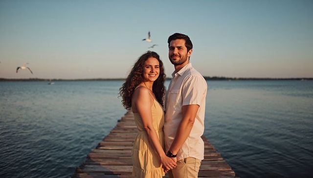 Romantic couple holding hands on wooden pier at golden hour sunset by calm sea horizon