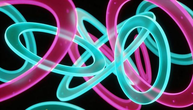 Glowing translucent torus rings twisting through dark void with neon cyan and magenta glow