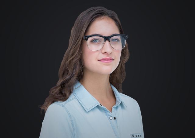 Woman with glasses posing confidently against a dark background. Ideal for business, professional, and educational uses. Suitable for profile pictures, corporate websites, promotional materials, and articles on confidence, women's empowerment, and professional attire.