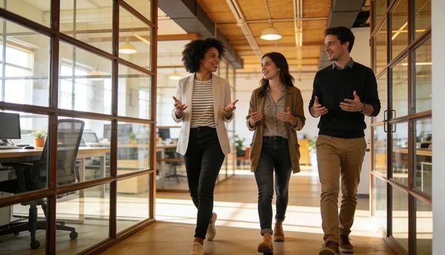 Three colleagues walking and chatting in modern glass-walled office, business collaboration