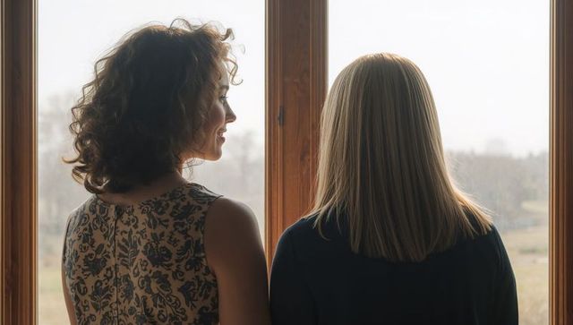 Standing women gazing through wooden window at rural landscape showing companionship