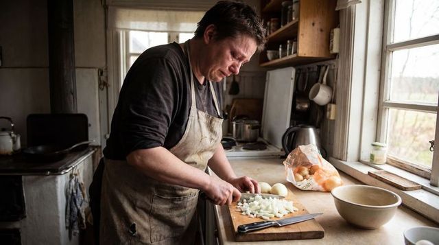 Middle-aged man chopping onions in rustic farmhouse kitchen wearing worn canvas apron
