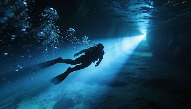 Swimming scuba diver exploring sunlit underwater cave tunnel with dramatic blue rays