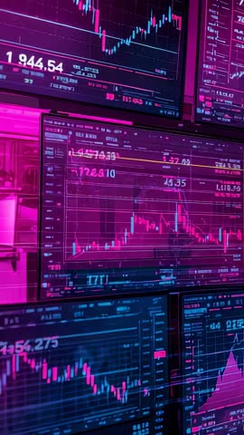 Vertical Video Tilting Down Revealing Real-Time Candlestick Charts on Trading Monitors