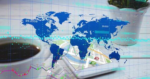 Projecting global data visualization over desk tablet with world map, charts and analytics