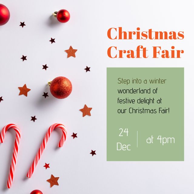 Composite of christmas craft fair, 24 dec at 4pm over baubles and stars and candy. Step into a winter, wonderland of festive delight of our christmas fair, greeting, holiday, celebration.