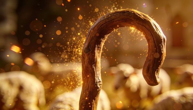 Sunlit golden backlit shepherd's crook in rustic meadow with bokeh dust and flock