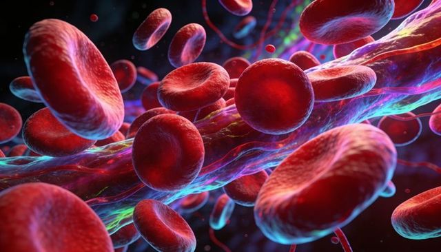 Flowing red blood cells with iridescent fibrin strands in microvessel, medical illustration