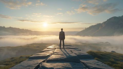 Man in Business Suit Overlooking Misty Valley at Sunrise