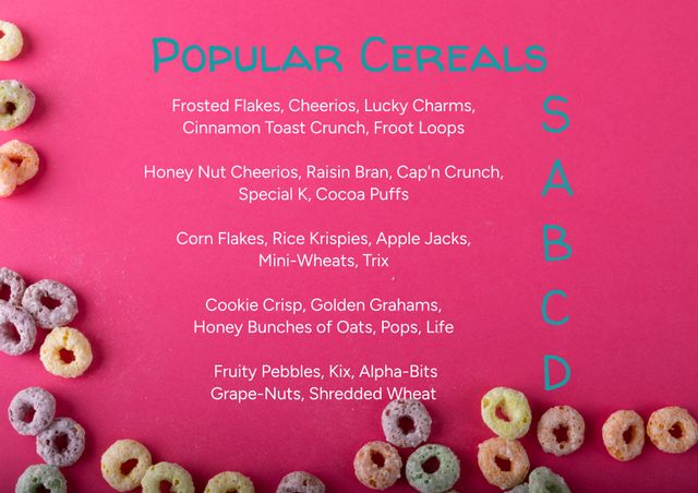 Image displays colorful cereal rings laid out on a pink background, featuring a list of popular cereals organized in categories. This vibrant and engaging image is perfect for use in food blogs, breakfast promotions, educational materials, and advertisements focused on diverse food options.
