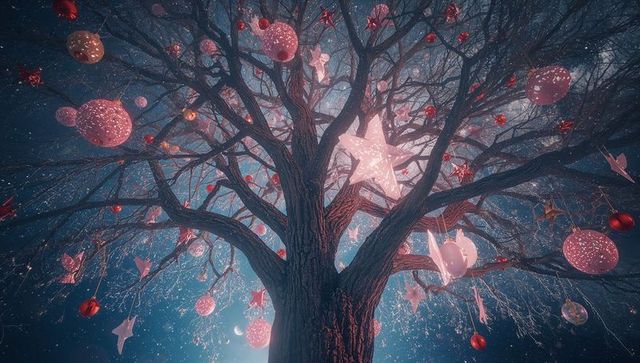 Whimsical tree with glowing star ornaments against starry twilight sky
