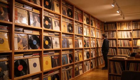 Collector browsing vinyl records on warm wooden shelves in cozy vintage record shop