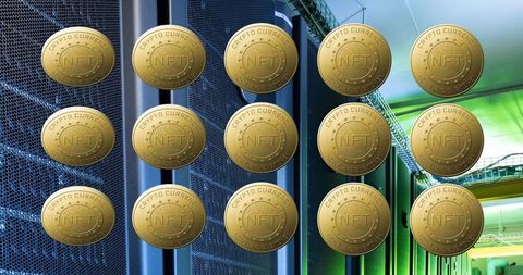 Shiny NFT Coins Hovering Over Illuminated Server Background
