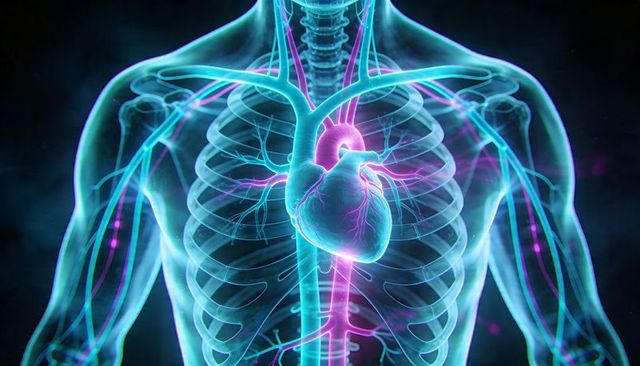 Translucent torso showing glowing heart, aortic arch and rib cage neon anatomy render