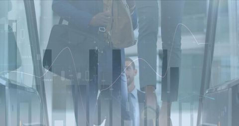 Businessman Uses Escalator with Financial Graph Overlay