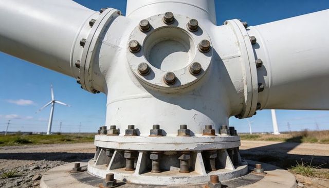 Close-up wind turbine hub showing flanged junction with hex bolts and weathered baseplate
