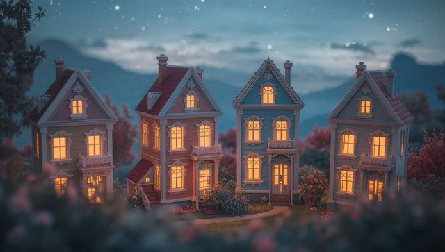 Victorian miniature houses glowing at twilight pastel diorama with lit porches and ornate details