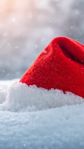 Vertical video: red velvet Santa hat sinking into snow with falling flakes and warm bokeh glow
