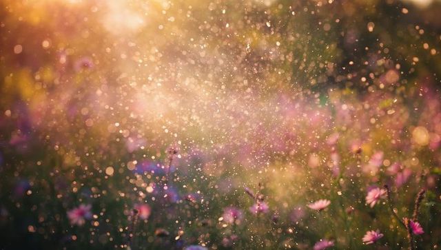 Sunlit wildflower meadow glowing with golden bokeh and drifting pollen particles