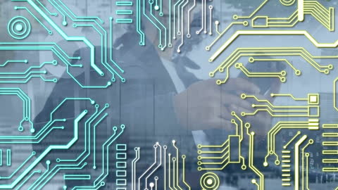 Futuristic Circuit Animation Overlaying Business Professional with Smartphone