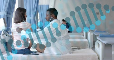 Doctor conducting examination with dna overlay in hospital room