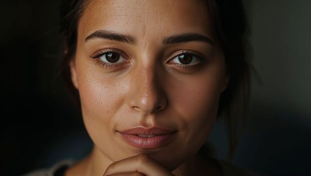 Closeup portrait showing natural skin texture, pores, freckles, woman with confident gaze