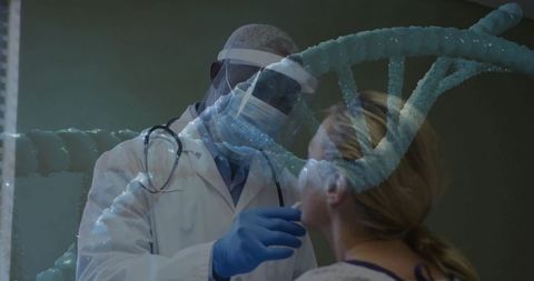 Doctor performing nasal swab test with dna helix visualization