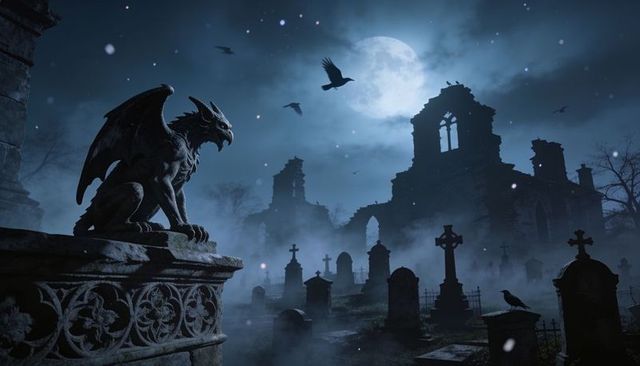 Perching gargoyle guarding moonlit cemetery near ruined abbey with crows and mist
