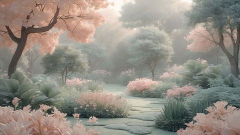 Mystical garden with winding pathway and pastel foliage, garden of eden concept