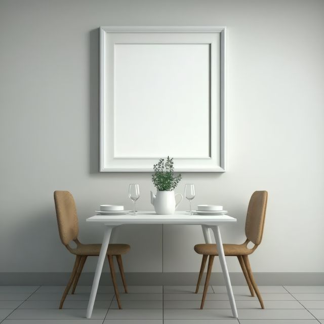 Dinner table with blank photoframe on wall with copy space, created using generative ai technology. House interior and photoframe concept digitally generated image.