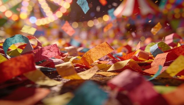 Vibrant confetti carpet at carnival night with ferris wheel bokeh and tent lights glow
