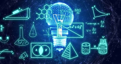 mathematical equations with glowing light bulb on digital network background - Download Free Stock Images Pikwizard.com