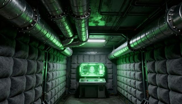 Glowing control console emitting green holographic display in industrial bunker corridor