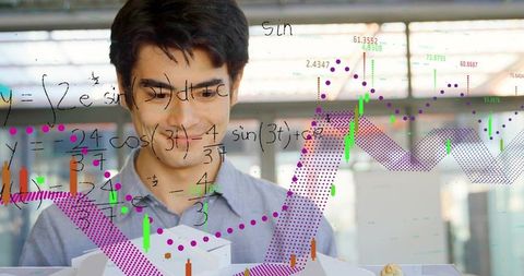 Young man analyzing architectural models with data overlays and mathematical formulas