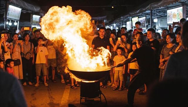 Night market wok flame performance with street cook stirring giant fire while crowd films