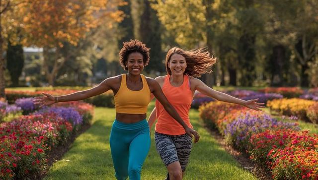 Two women running through vibrant flower garden at golden hour, joyful fitness