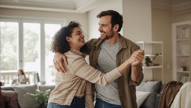 Young couple dancing in sunlit living room laughing, cozy home romance and everyday joy
