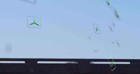 Floating augmented reality traffic icons above highway guardrail with green eco data