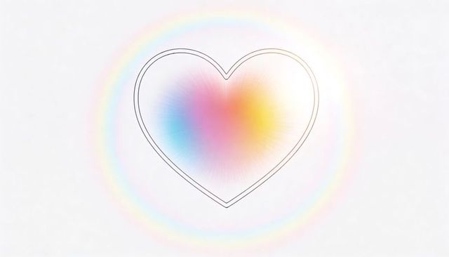 Dual-line heart with pastel radiant gradient and concentric rainbow halos