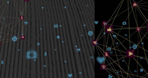 Global digital network with icons against tall buildings