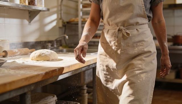 Baker shaping dough on floured wooden workbench in rustic artisan bakery kitchen