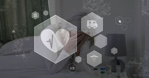 Mature woman experiencing fatigue and distress in bedroom with medication on nightstand