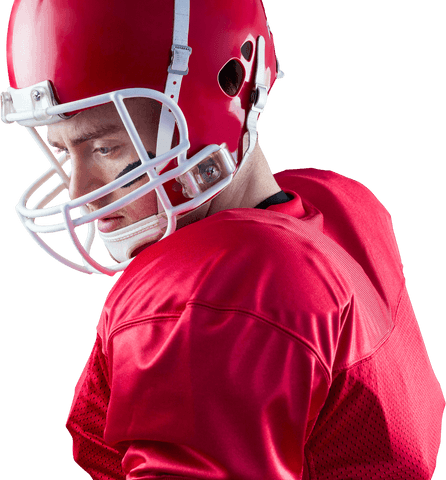 Transparent focused football player in red uniform and helmet