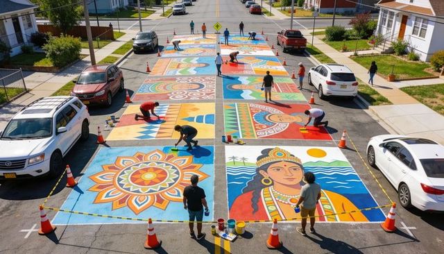 Community street artists painting vibrant mandala and cultural murals on neighborhood road