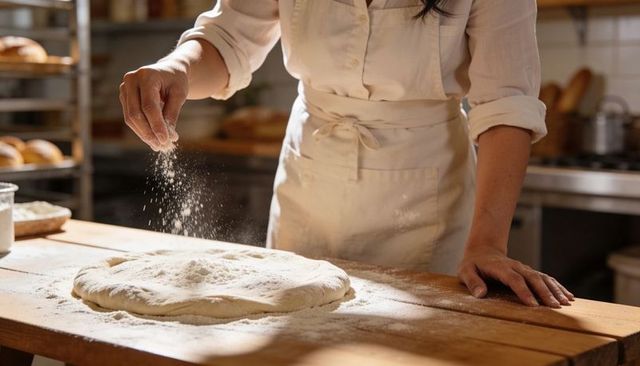 Baker sprinkling flour over artisan dough on wooden table in rustic bakery kitchen