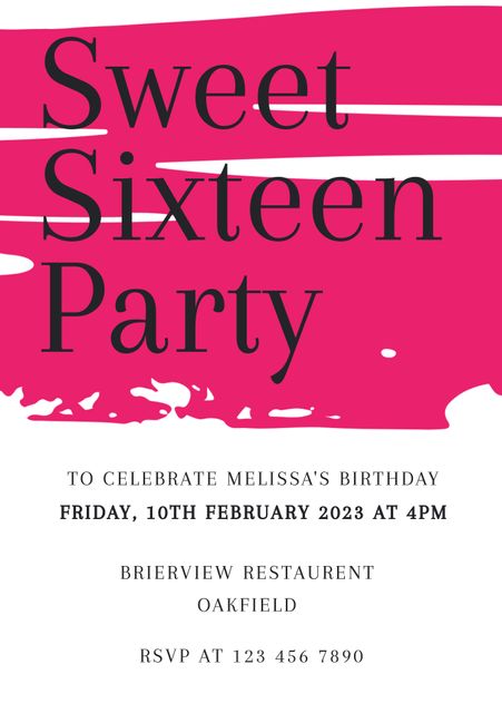 Design features bold pink and white background with eye-catching typography. Perfect for inviting guests to a teenager's milestone birthday party. Use for digital or printed invites to provide clear details, including date, time, location, and contact information for RSVPs.